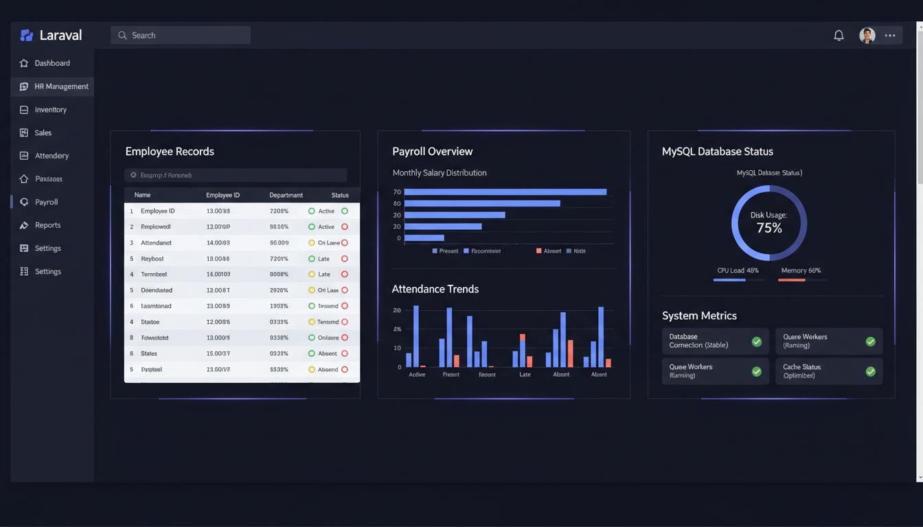University ERP Dashboard — HR management, payroll overview, and MySQL database status panels