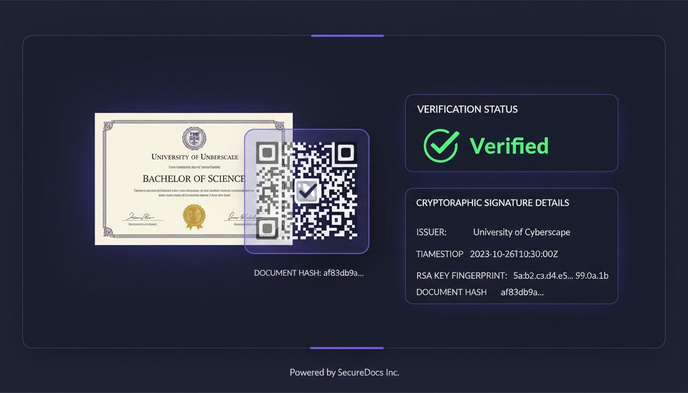 QR Document Verification System — cryptographically signed certificate with verification status panel