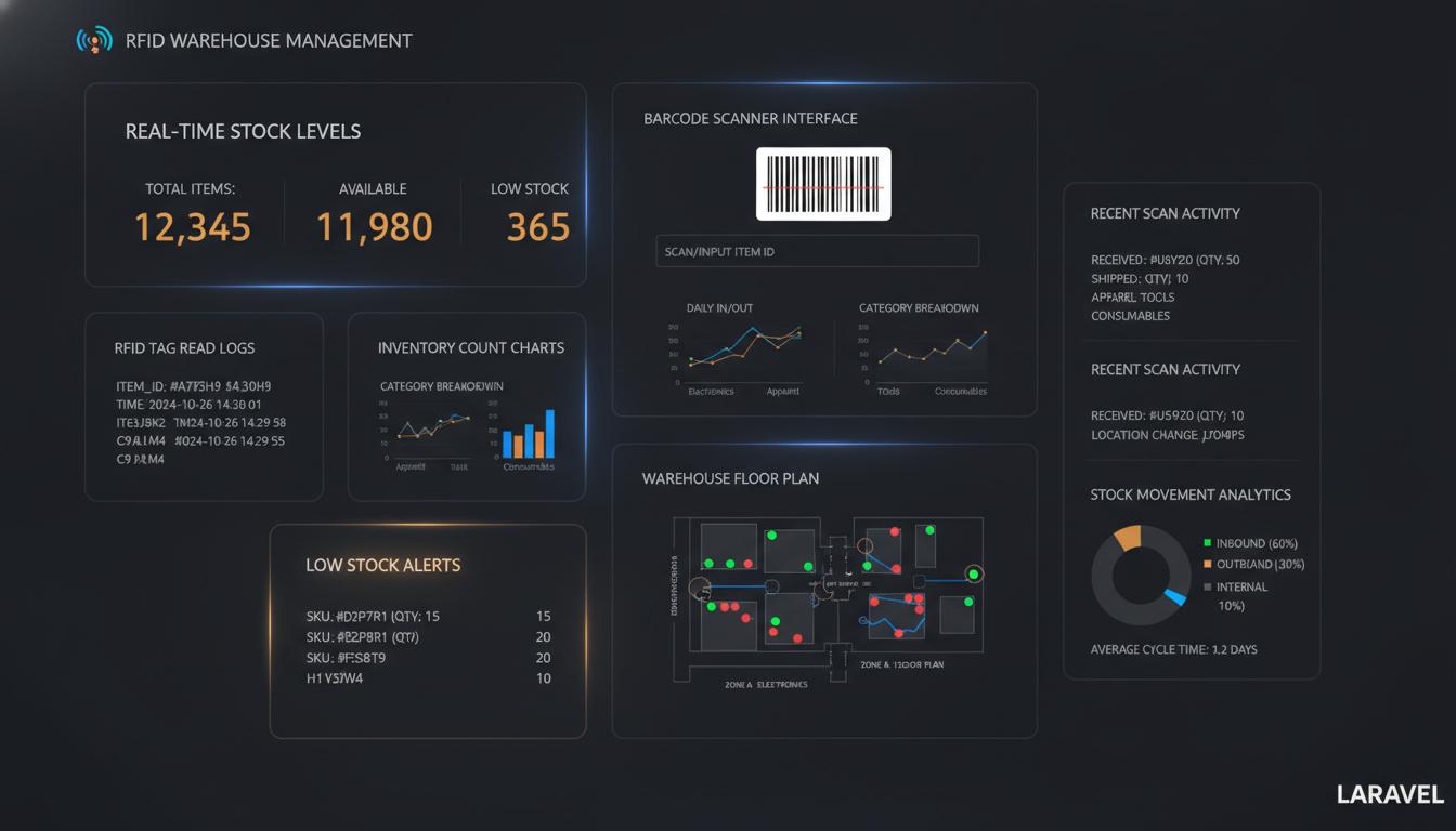 RFID Inventory Management Dashboard — real-time stock levels, barcode scanner, and warehouse floor plan