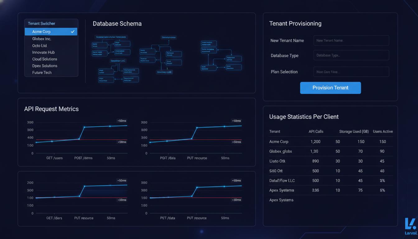 Multi-Tenant SaaS Platform — tenant switcher, database schema diagram, and API request metrics